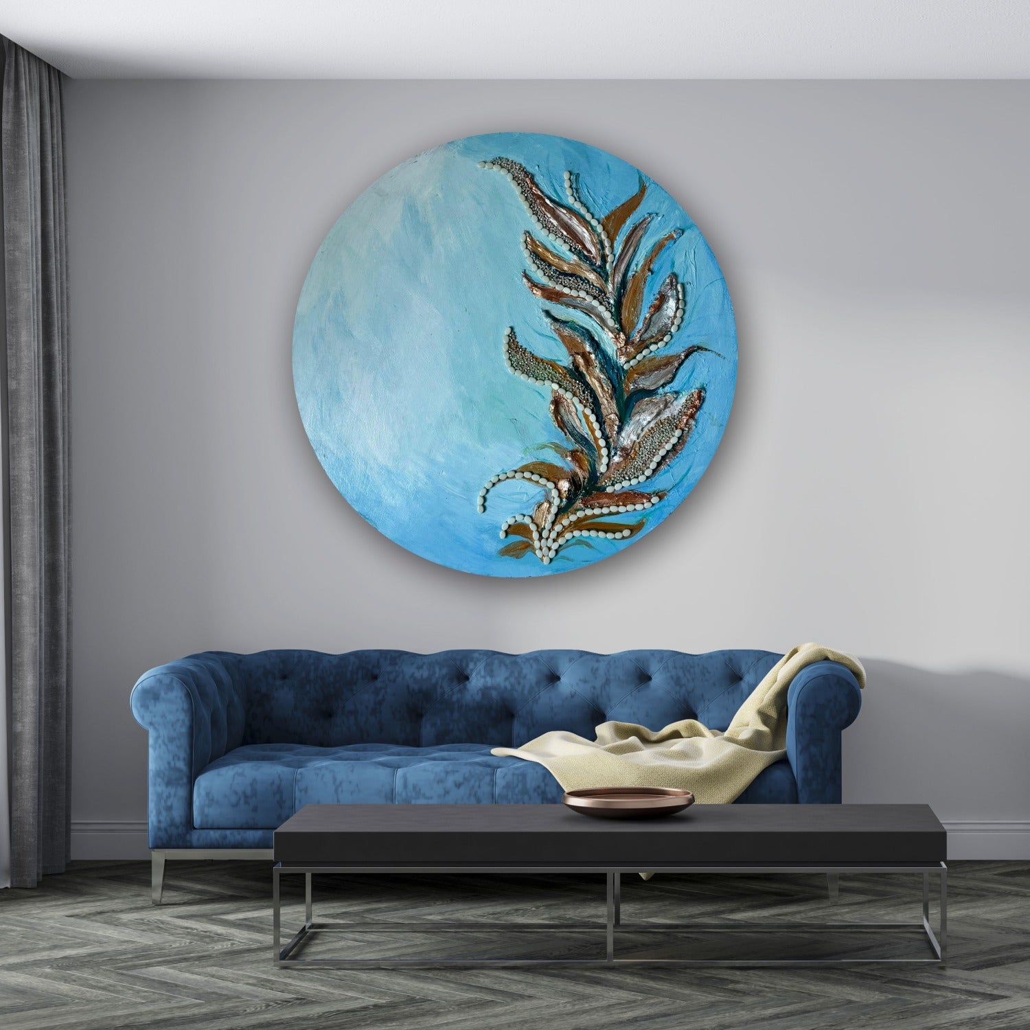 Azure Leaf Harmony - Handmade Mosaic Texture Artwork of Circular Spectacular Design